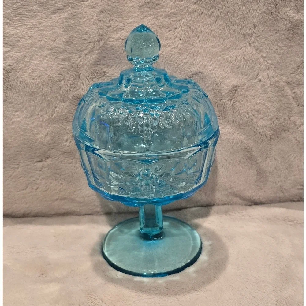 Vintage Westmoreland Blue Glass Candy Dish Lidded Compote Grape/Leaf Pattern